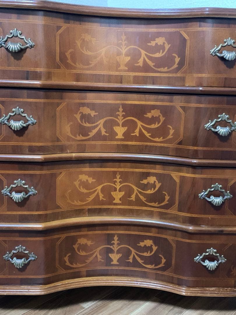 イタリア 4段チェスト 丸脚 象嵌 引き出し アンティーク調　収納　キャビネット