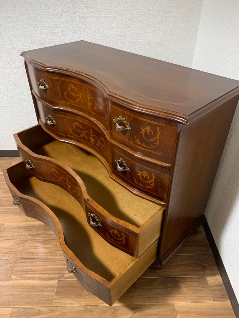 イタリア 4段チェスト 丸脚 象嵌 引き出し アンティーク調　収納　キャビネット