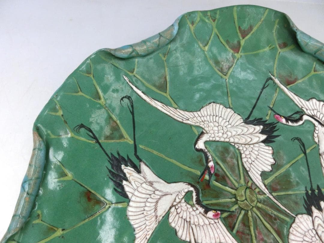 時代物 萬古焼 古萬古 鶴文 蓮型 蓮葉 皿 大皿 良品 骨董 古玩 傷なし