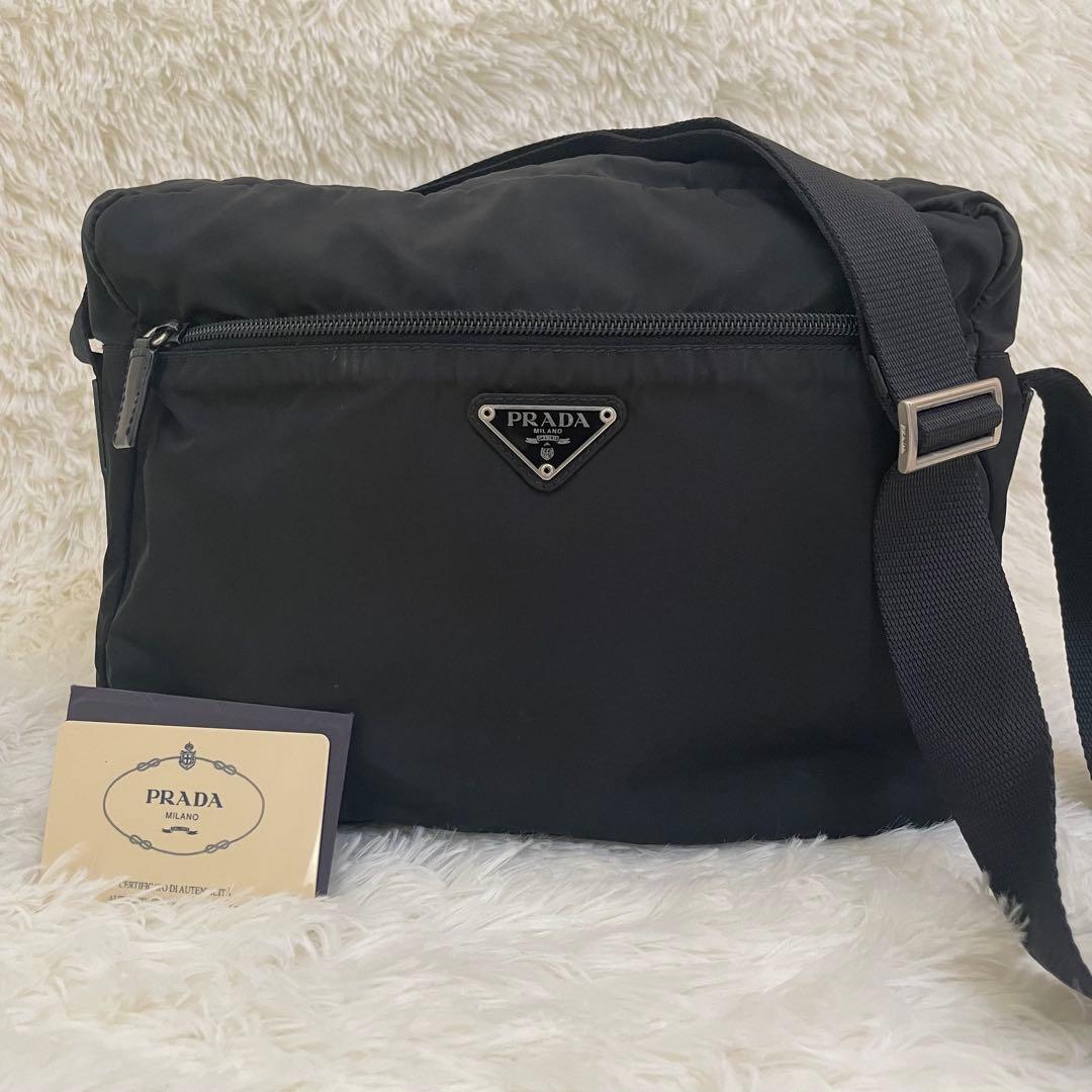 PRADA カメラバッグ テスートナイロン レザー ショルダーバッグ ブラック