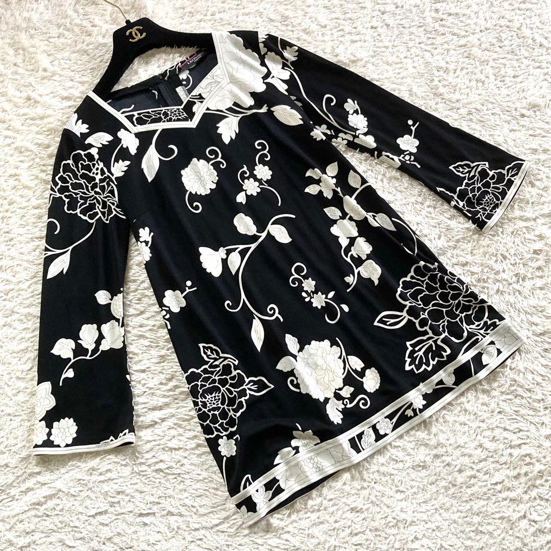 【近年タグ 未使用級】レオナール カンカン チュニック モノトーン 花柄トリム