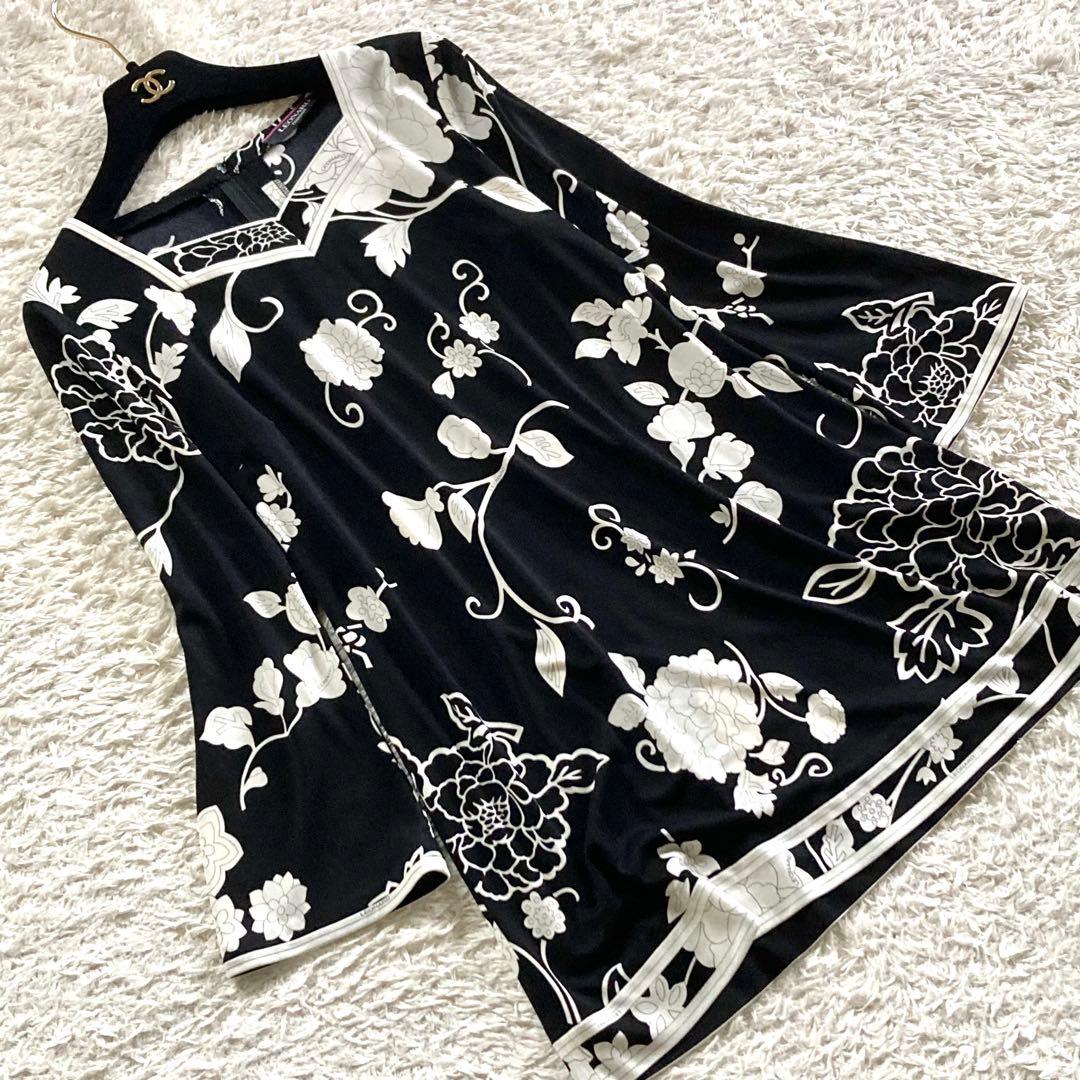 【近年タグ 未使用級】レオナール カンカン チュニック モノトーン 花柄トリム