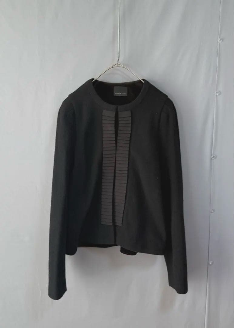 ドゥーズィエムクラス　シルクテープ　ウール混ノーカラージャケット　黒