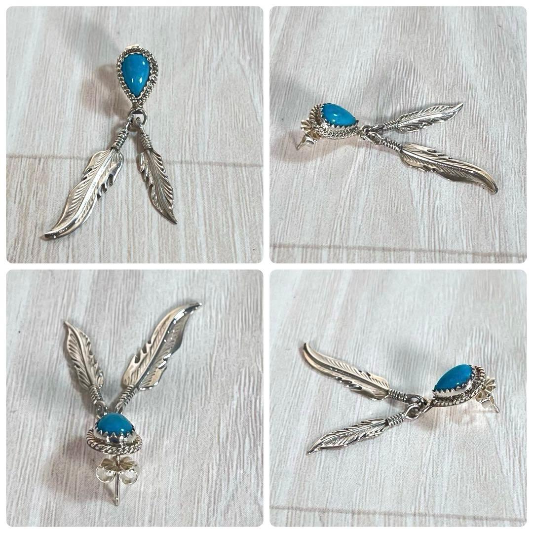 【美品】ナバホ族 インディアンジュエリー　両耳ピアス　Wフェザー&ターコイズ