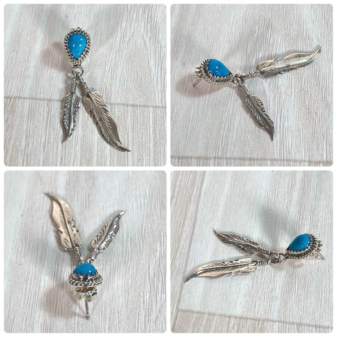 【美品】ナバホ族 インディアンジュエリー　両耳ピアス　Wフェザー&ターコイズ