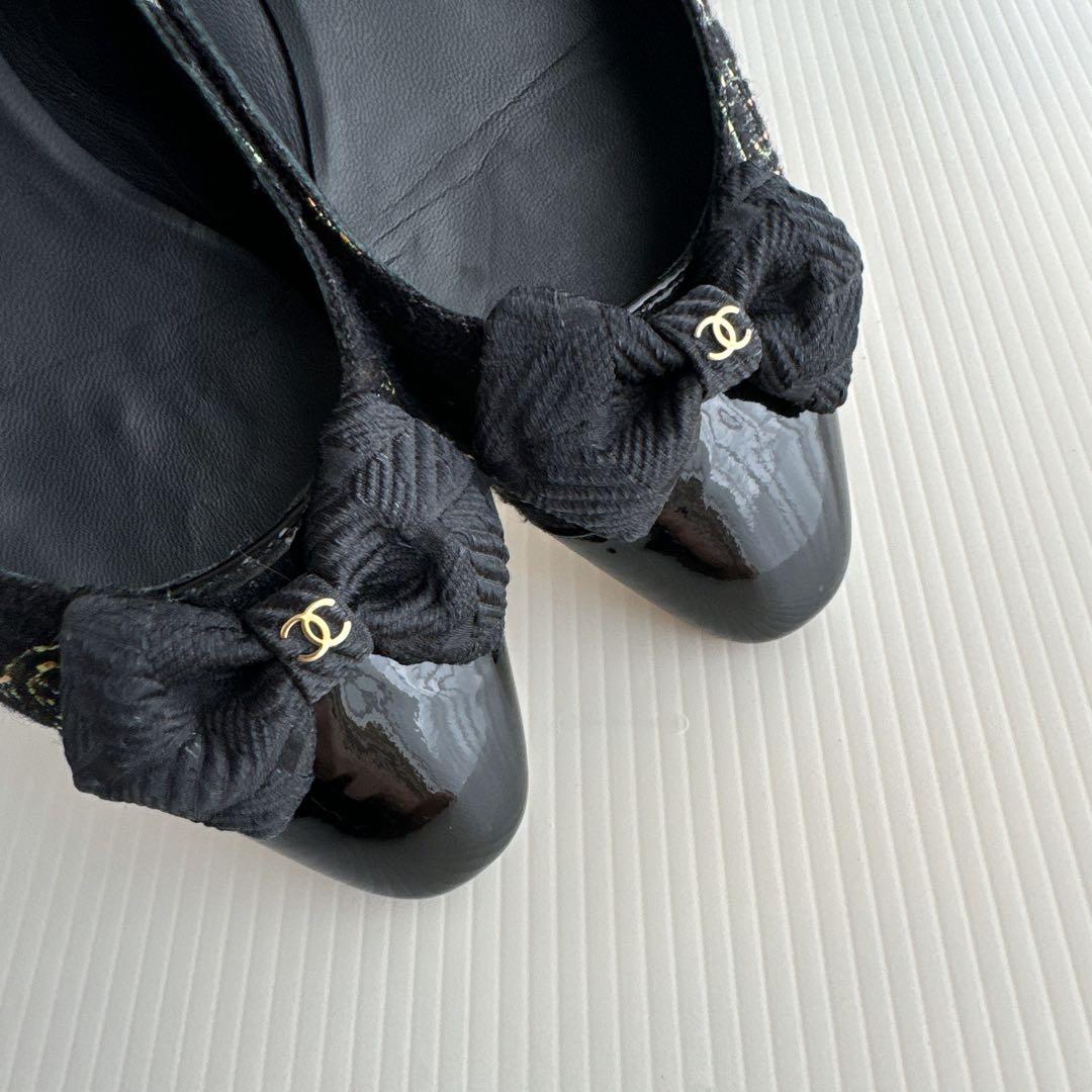 CHANEL シャネル　ココマーク　リボン　ツイード　フラットシューズ　パンプス