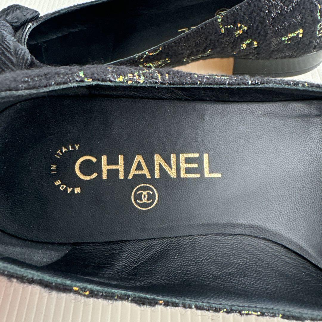 CHANEL シャネル　ココマーク　リボン　ツイード　フラットシューズ　パンプス