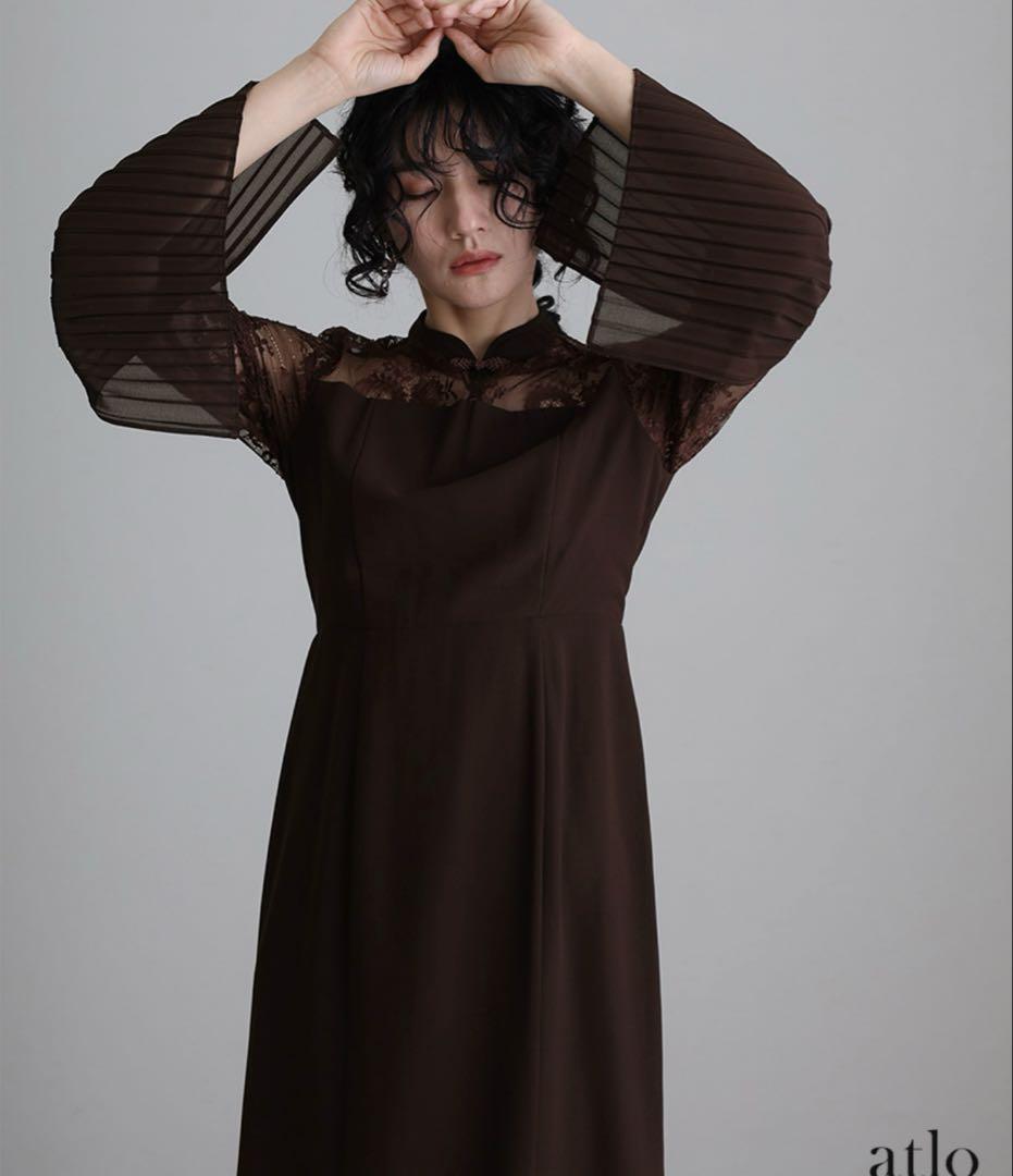 プリーツスリーブレース切り替えチャイナ風ワンピース オケージョンドレス 美品