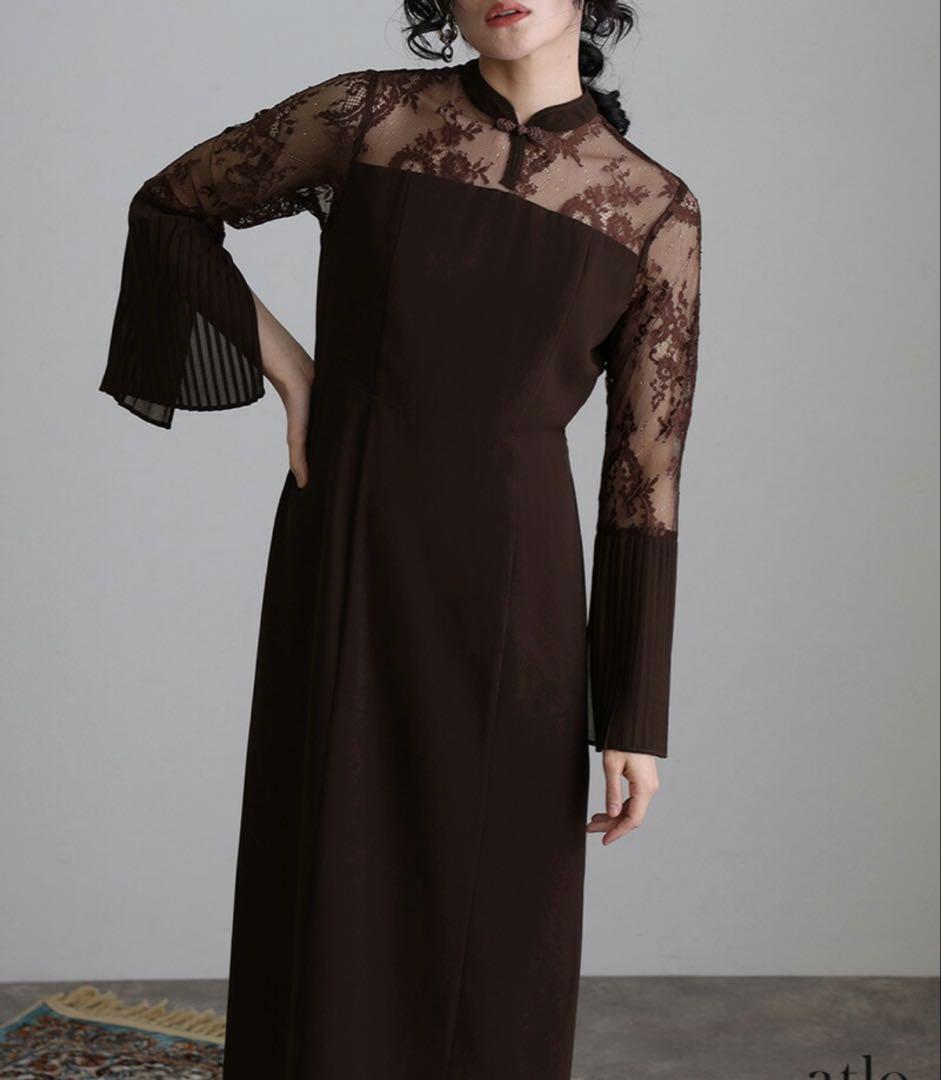 プリーツスリーブレース切り替えチャイナ風ワンピース オケージョンドレス 美品