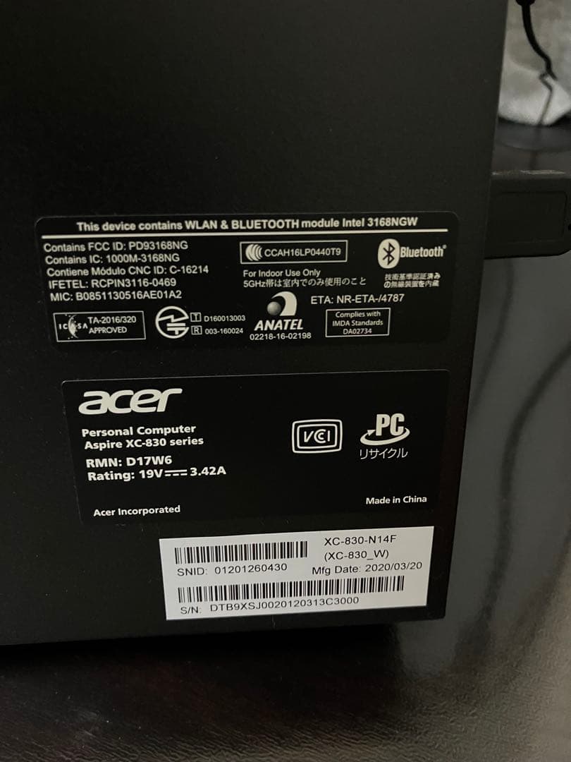 PCセット　acer　XC-830-N14F/F Celeron J4005