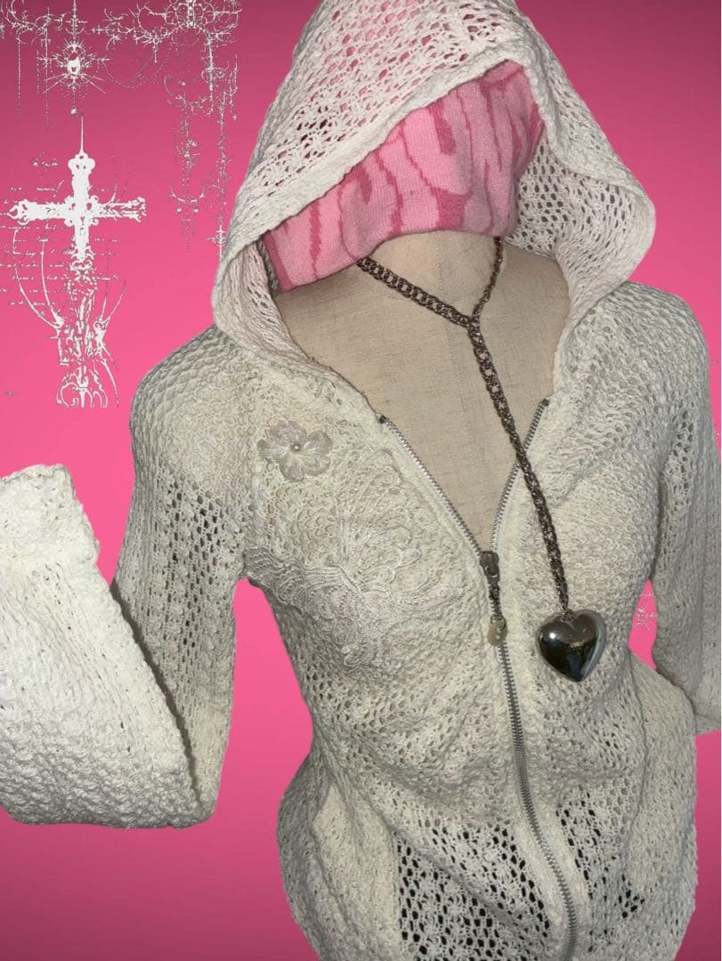 レアデザイン❤︎LIZLISA鍵網み蝶々パールフラワージップパーカー甘めフェアリー