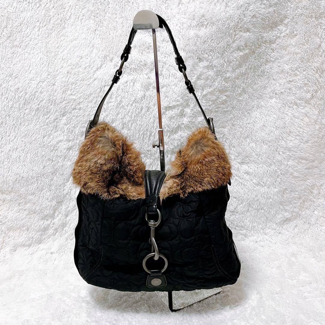 【ラビットファー】COACH レザー ハンドバッグ シグネチャー ナイロン 希少