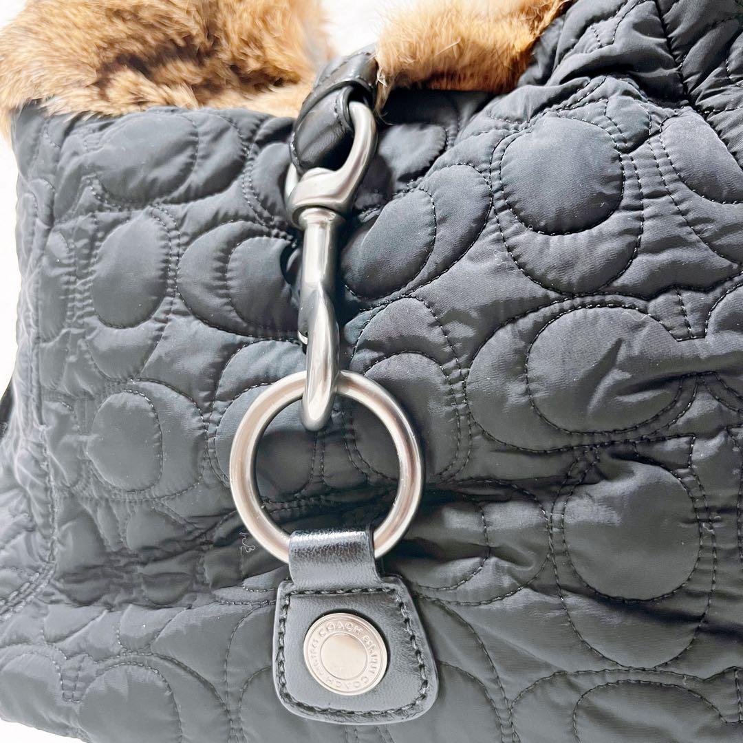 【ラビットファー】COACH レザー ハンドバッグ シグネチャー ナイロン 希少