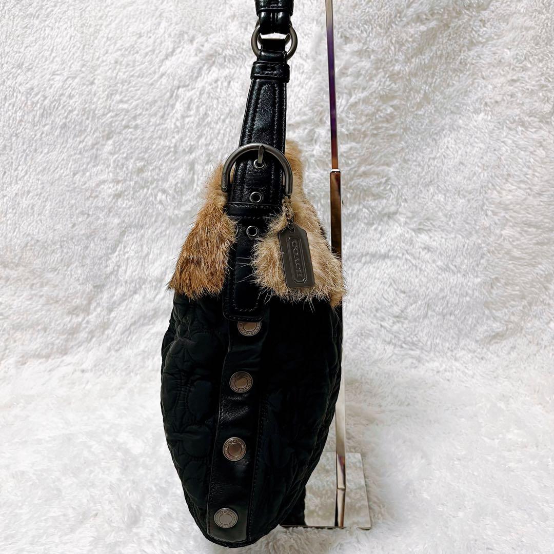 【ラビットファー】COACH レザー ハンドバッグ シグネチャー ナイロン 希少