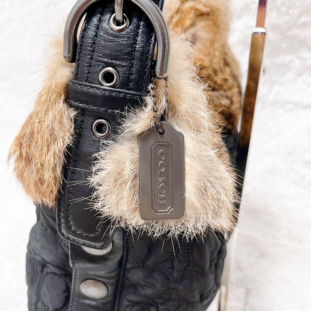 【ラビットファー】COACH レザー ハンドバッグ シグネチャー ナイロン 希少
