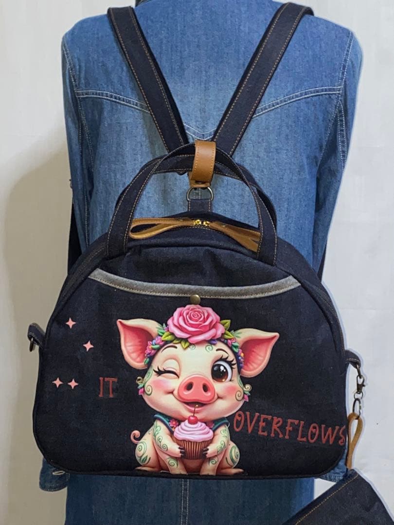 ☆岡山デニム☆ブタさん☆☆扇型☆リュック対応☆4wayボストンバッグ