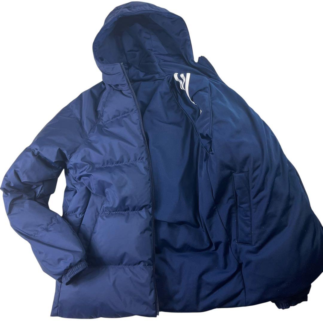 美品 adidas リバーシブル フードダウンジャケット 肉厚 ネイビー ロゴ