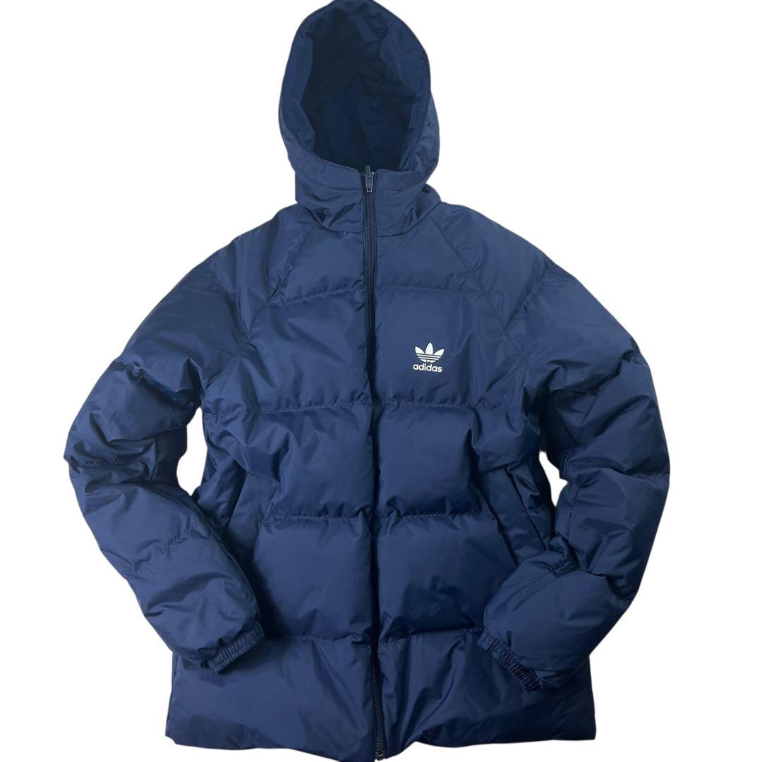 美品 adidas リバーシブル フードダウンジャケット 肉厚 ネイビー ロゴ