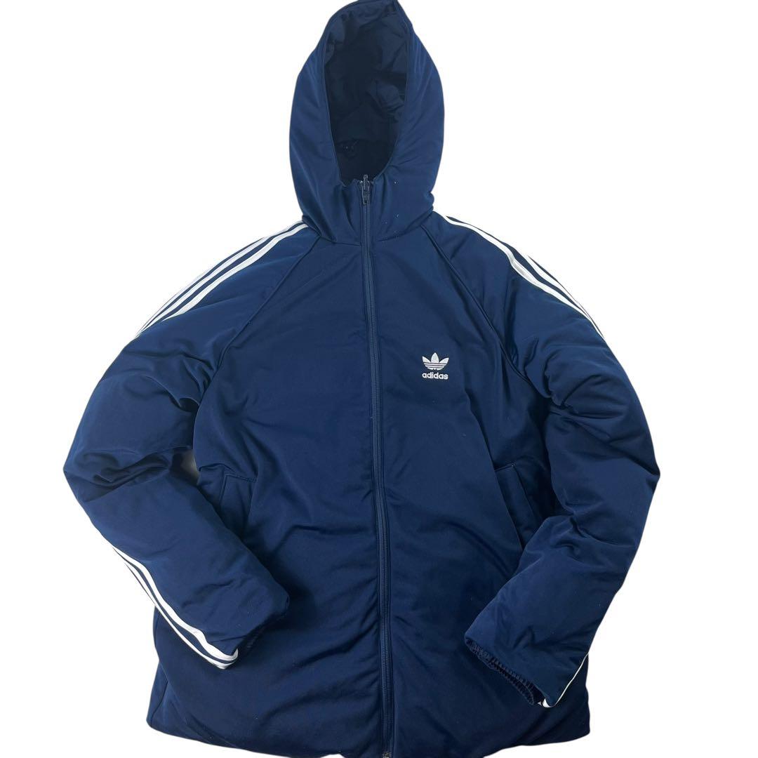 美品 adidas リバーシブル フードダウンジャケット 肉厚 ネイビー ロゴ