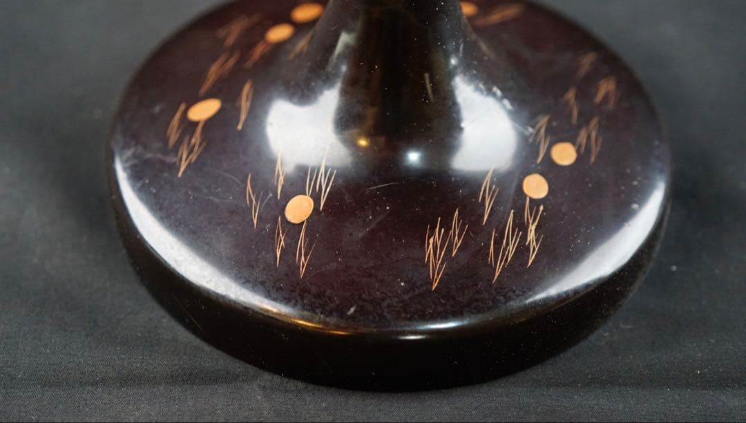 蒔絵　鶴 松紋　丸形黒塗菓子器　共箱　高杯