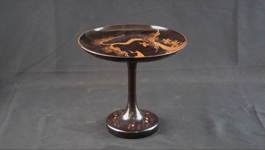 蒔絵　鶴 松紋　丸形黒塗菓子器　共箱　高杯