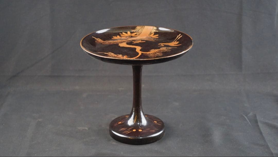 蒔絵　鶴 松紋　丸形黒塗菓子器　共箱　高杯