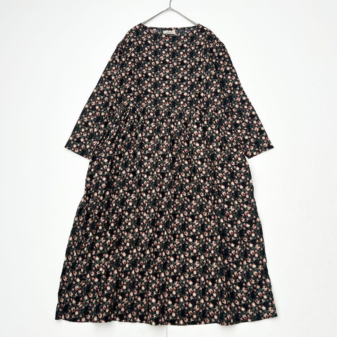 イチアンティークス　花柄ワンピース　麻　ブラック