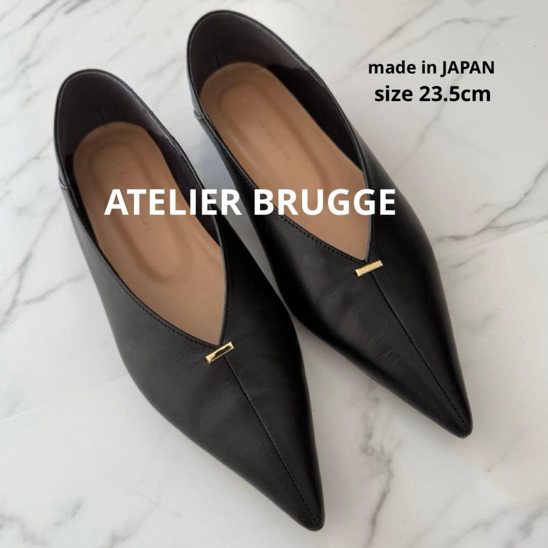 [極美品] アトリエブルージュメタルモチーフフラットシューズ ブラック 牛革
