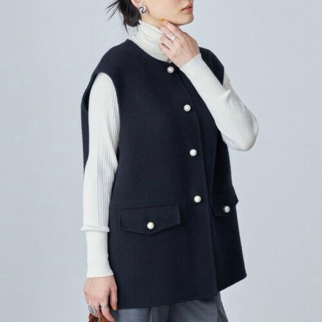 SHIPS SUPER140 ジーロンウール パール モチーフ ボタン ジレ 黒