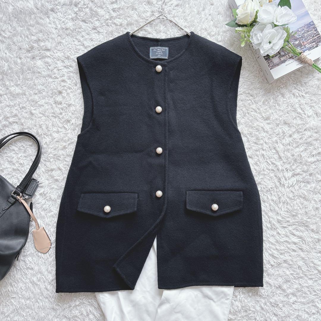 SHIPS SUPER140 ジーロンウール パール モチーフ ボタン ジレ 黒