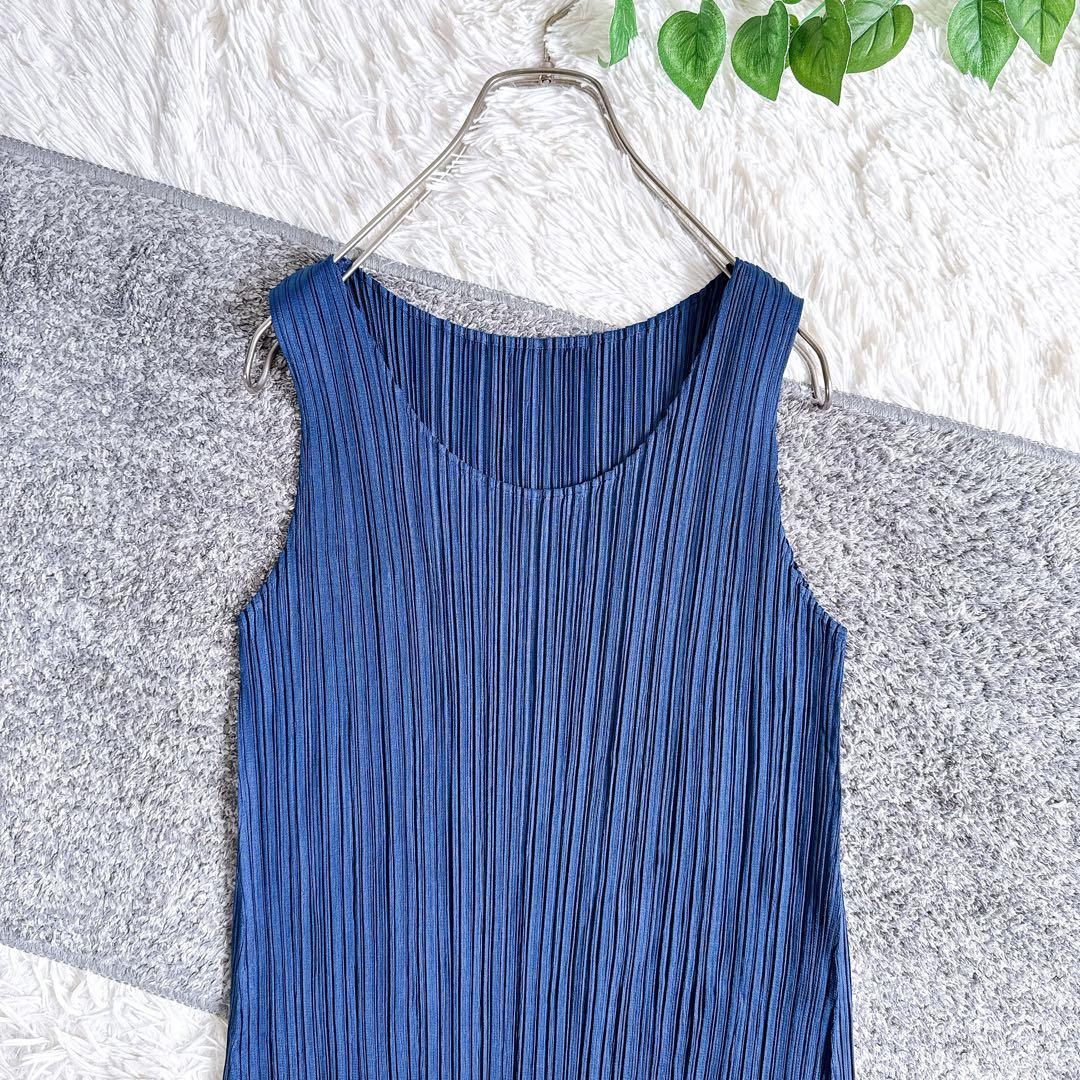良品　近年モデル　プリーツプリーズ　トップス　ノースリーブ　ロング丈　ネイビー