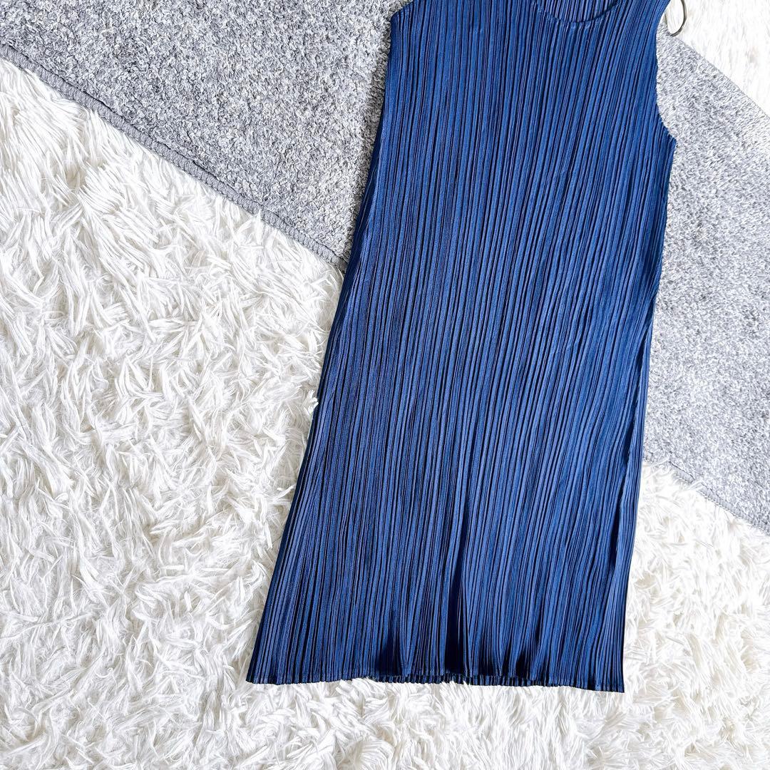 良品　近年モデル　プリーツプリーズ　トップス　ノースリーブ　ロング丈　ネイビー