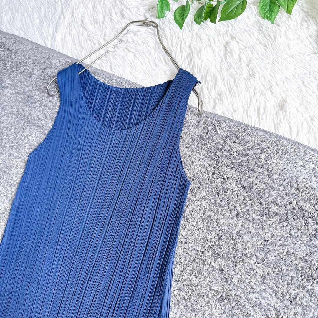 良品　近年モデル　プリーツプリーズ　トップス　ノースリーブ　ロング丈　ネイビー