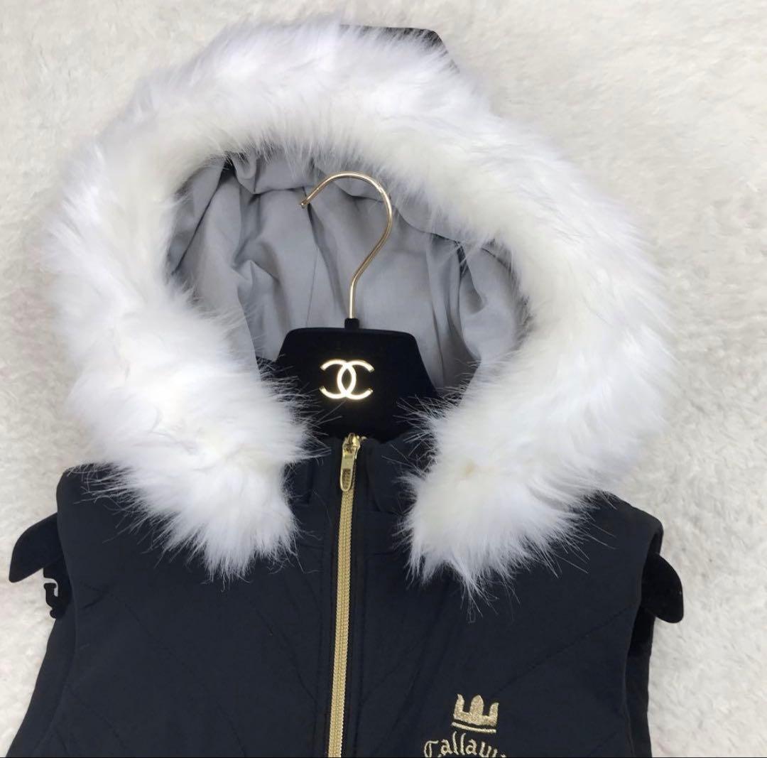 Callaway ダウンワンピース　ロングベスト 　黒　 フード取外し可 M