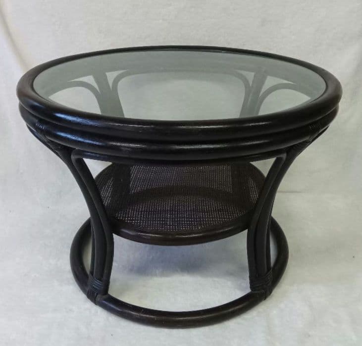ラタン　サイドテーブル　ガラステーブル　籐　黒色　丸テーブル　センターテーブル
