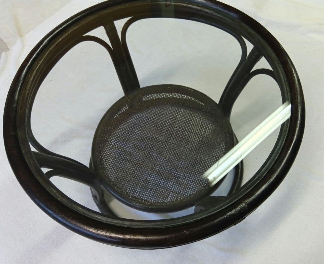 ラタン　サイドテーブル　ガラステーブル　籐　黒色　丸テーブル　センターテーブル