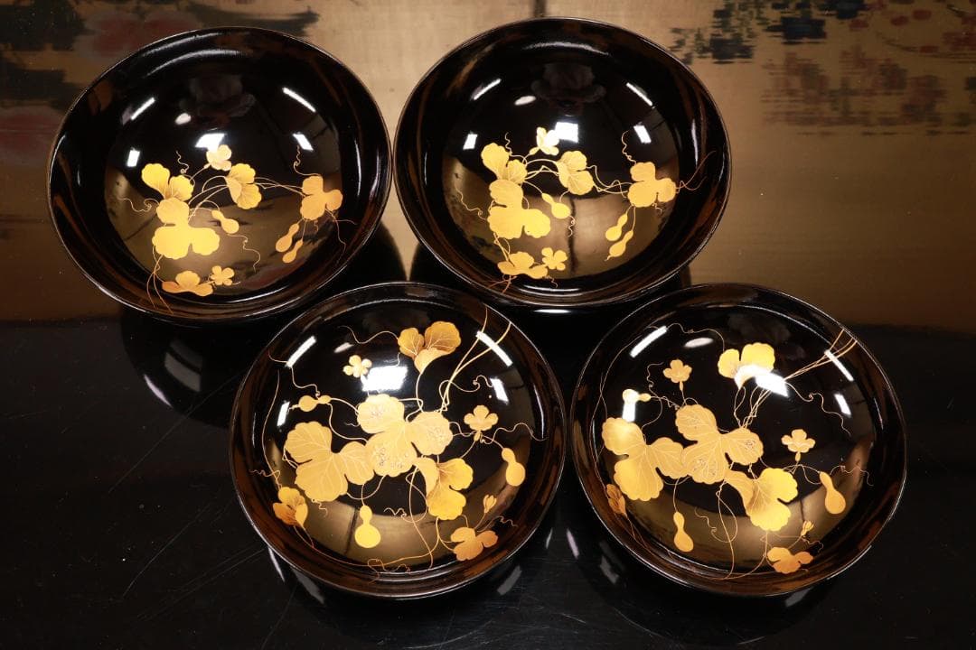 ラミー、BJ123　時代輪島塗　瓢箪図蒔絵　吸物椀　二客　木製 切り金