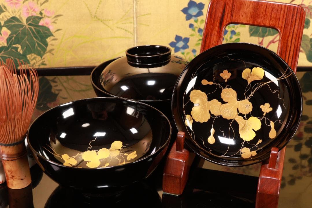 ラミー、BJ123　時代輪島塗　瓢箪図蒔絵　吸物椀　二客　木製 切り金