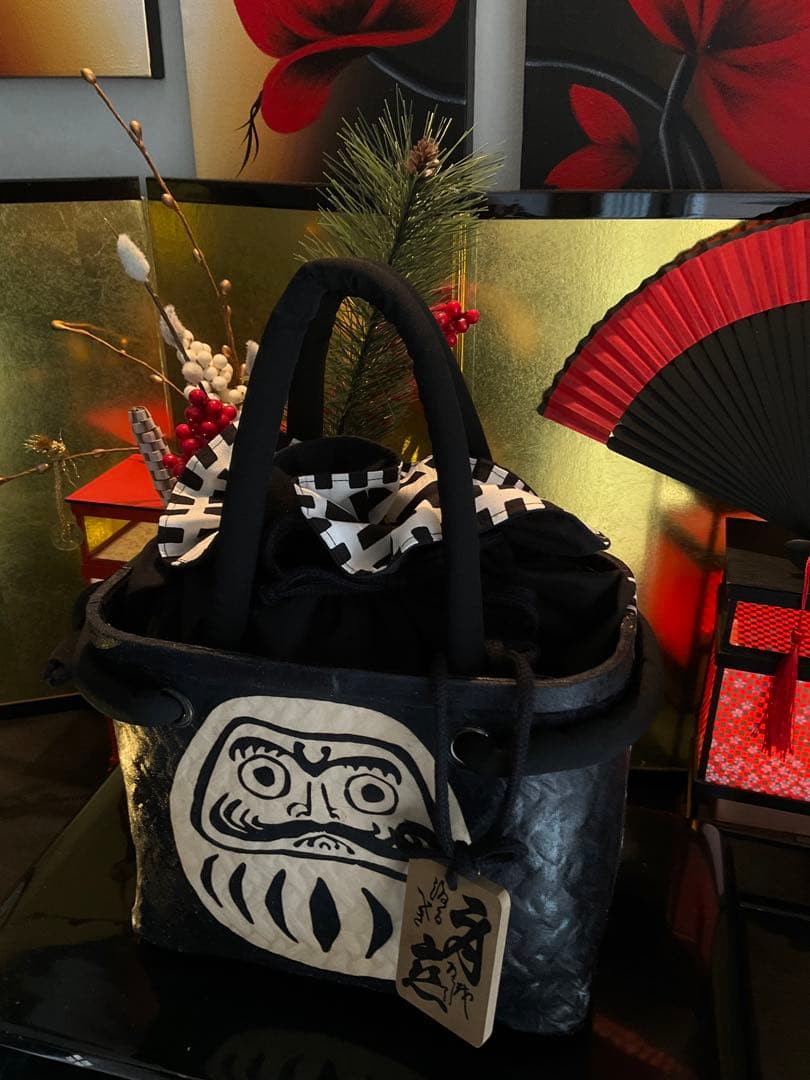 一閑張り　一閑張りバッグ　達磨　福達磨　和紙　大正　着物　縁起達磨　格子