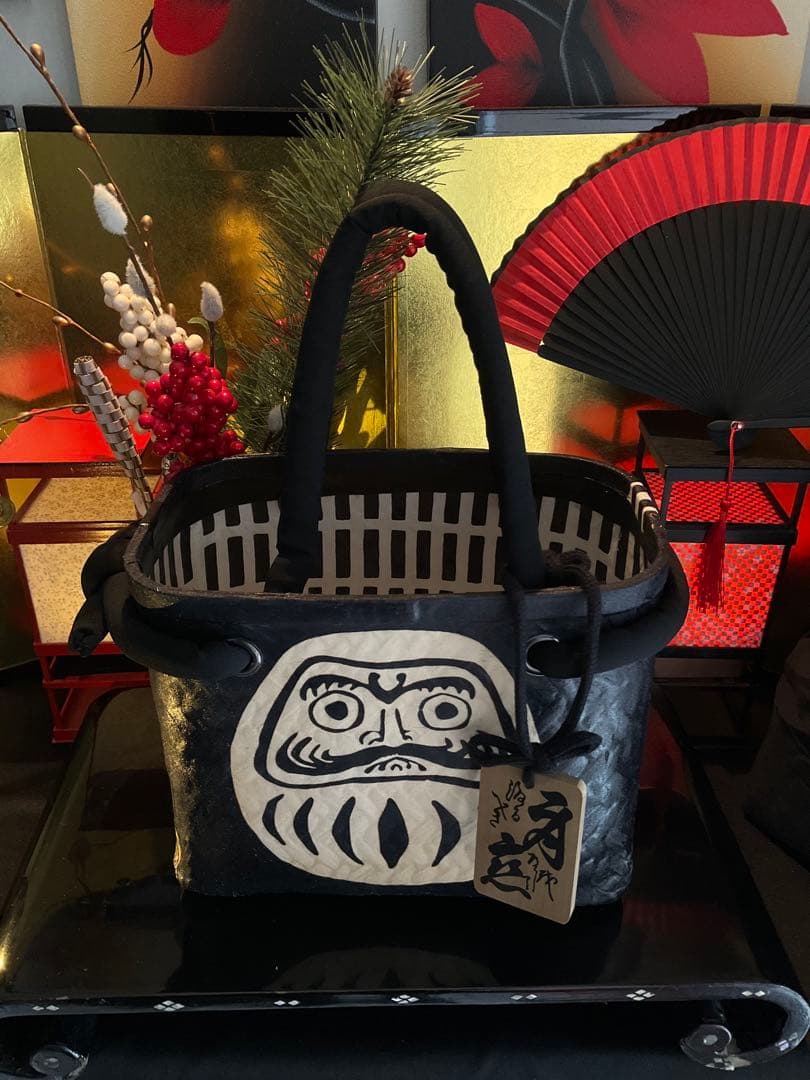 一閑張り　一閑張りバッグ　達磨　福達磨　和紙　大正　着物　縁起達磨　格子