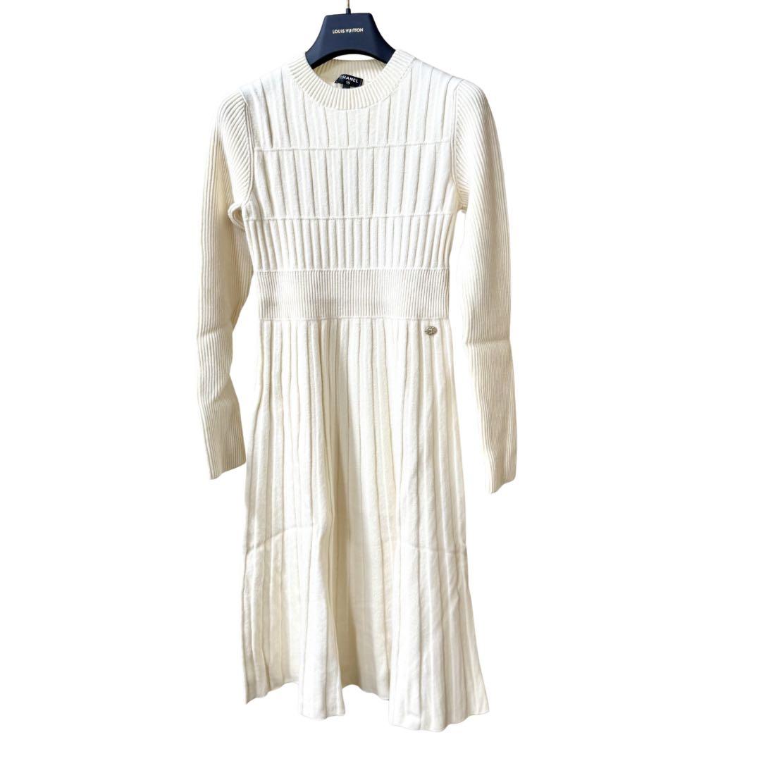 【美品】CHANEL シャネル ニットワンピース 長袖 アイボリー サイズ36