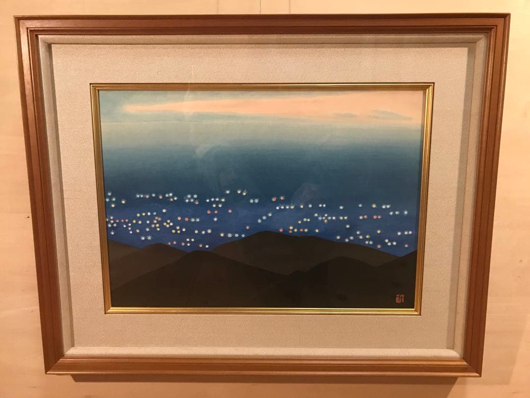 小野竹喬　「京の灯」　木版画　落款・作品証明シール有り