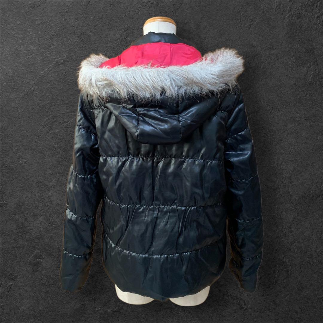 y2k グランジ 微光沢ファー付きフード黒×ピンク中綿ジャケット ダウン風