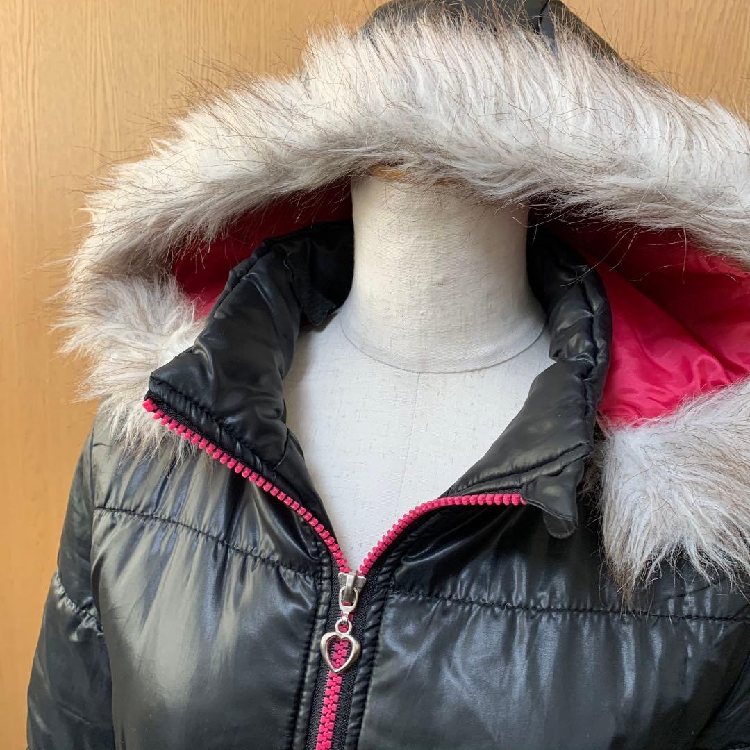 y2k グランジ 微光沢ファー付きフード黒×ピンク中綿ジャケット ダウン風