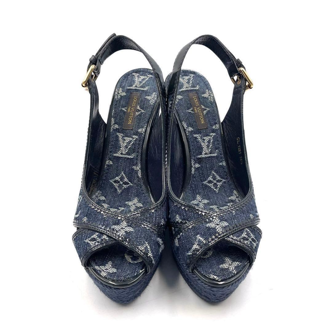 《未使用品》ルイヴィトン デニム 厚底 ストラップ サンダル モノグラム 紺系
