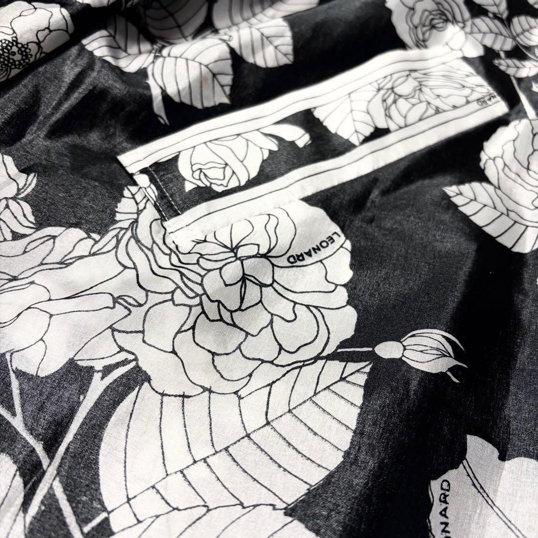 【美品】レオナール モノトーン 花柄シャツワンピース9AR ポリエステル