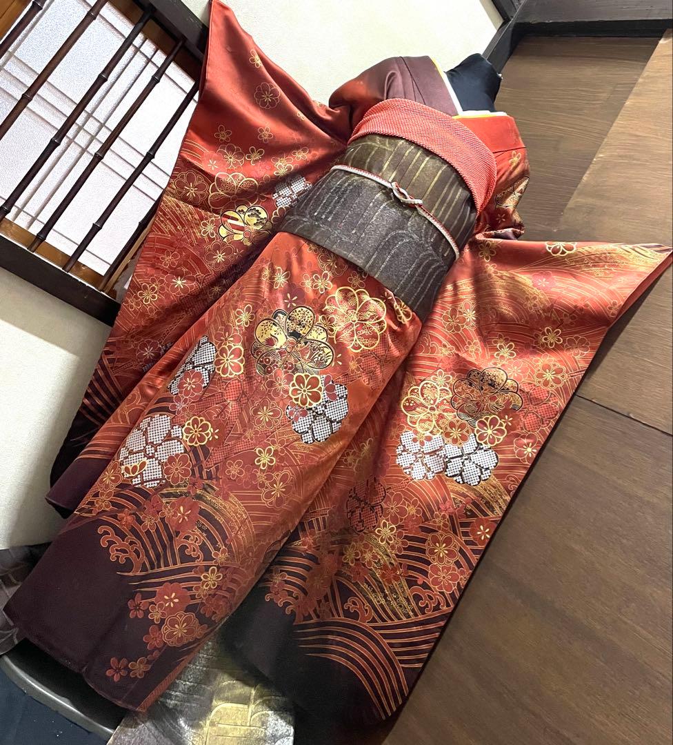 振袖 フルセット6点サイズM〜Ｌ駒刺繍　鴛鴦花文　暈し染め　金彩　正絹