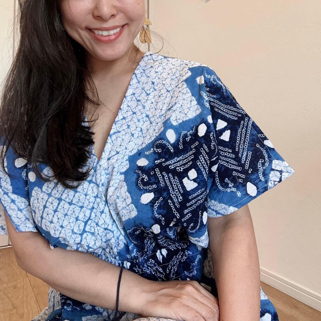 浴衣　リメイク　有松絞り　ワンピ　ハンドメイド　ロング　シンプル　白　青　水色