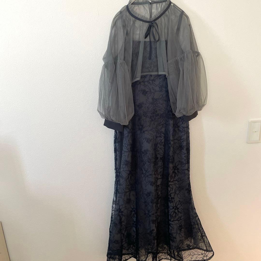 Leja マーメイドシルエットキャミワンピースリボン付きシアーパフスリーブ　S