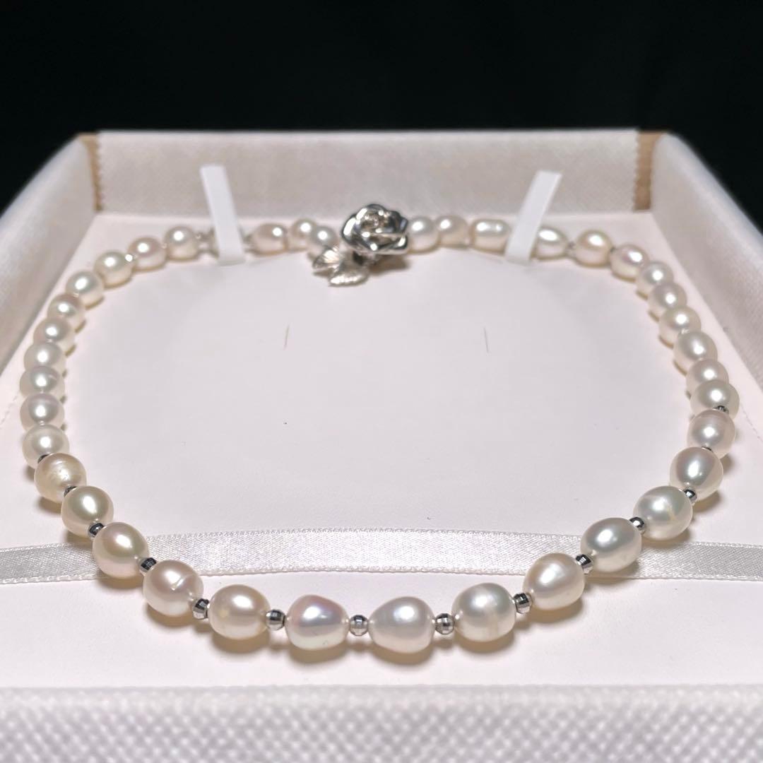 薔薇モチーフ クラスプ 大珠 本真珠 ネックレス 7.5〜8.3㎜ O581